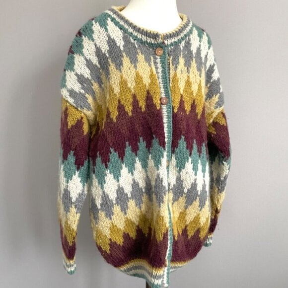 Handknit CHUNKY Colourful Diamond Wool Cardigan - L, made in Nepal 🇳🇵 - Picture 4 of 9